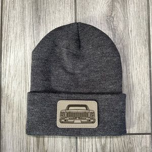 Laser engraved patch beanie. Cars.
